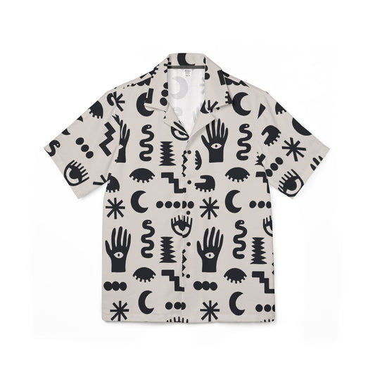 Short-sleeve shirt with black abstract patterns on a beige background