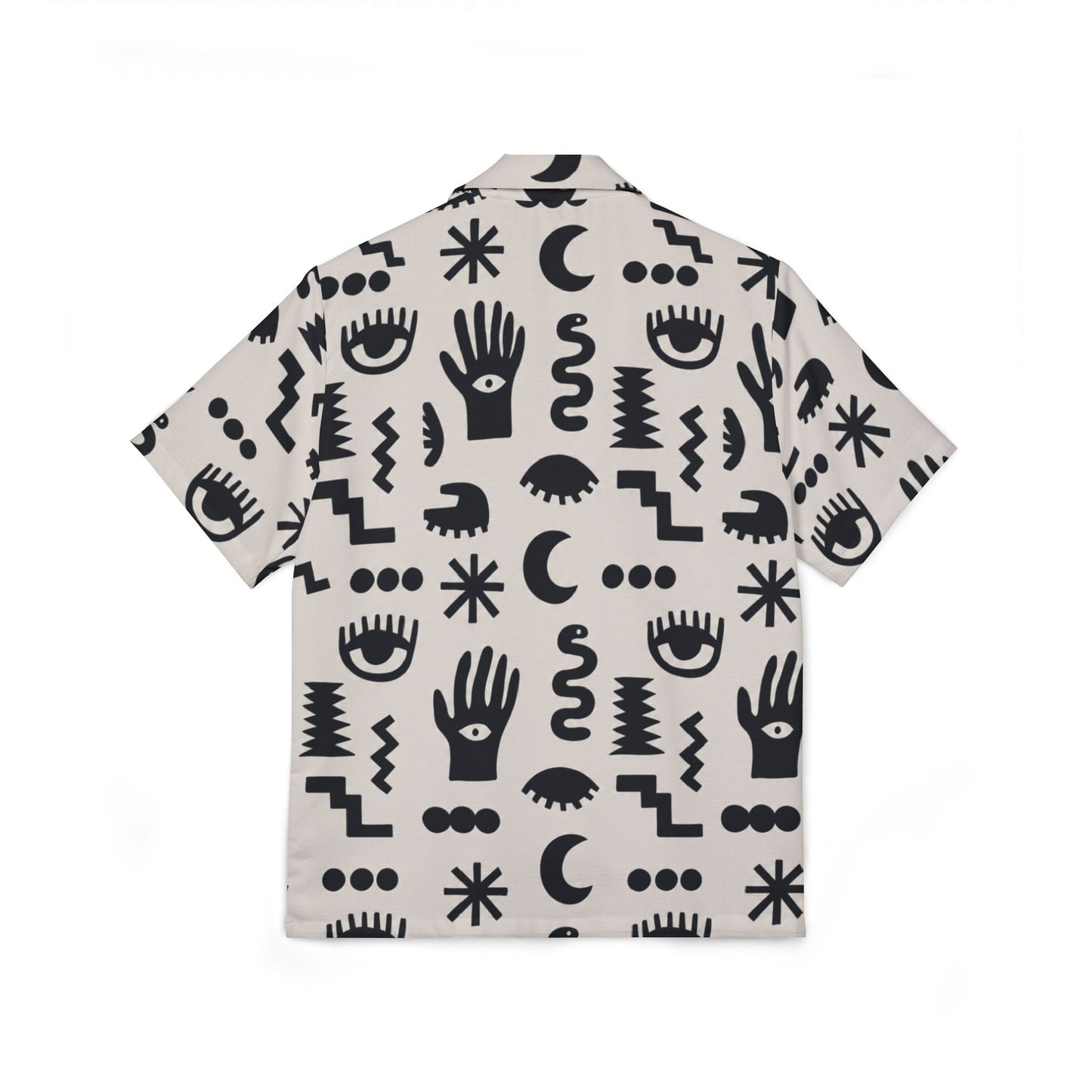 Short-sleeve shirt with black geometric pattern on a white background