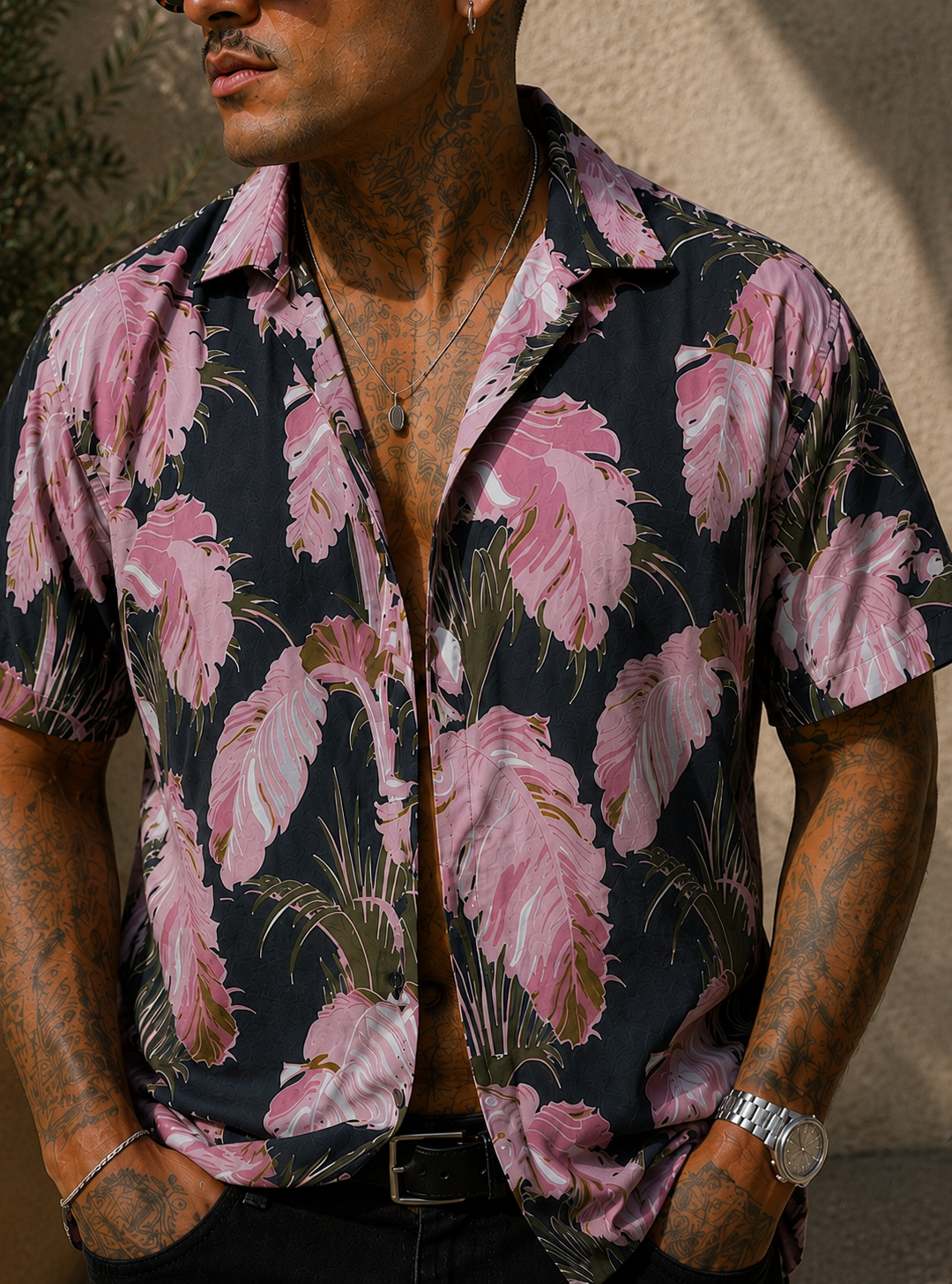 Pink Palm Leaf Hawaiian Camp Shirt — Tropical Floral AOP Button-Up