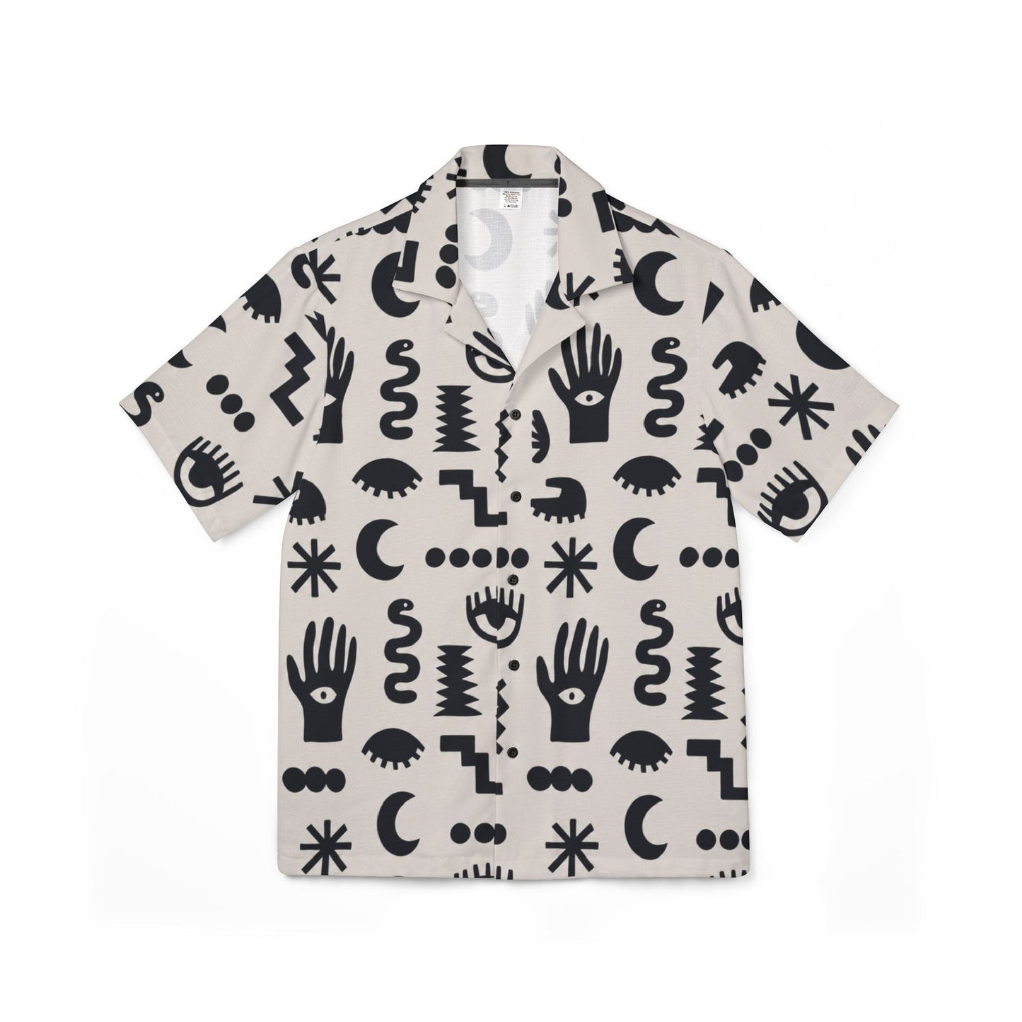 Short-sleeve shirt with black abstract patterns on a beige background