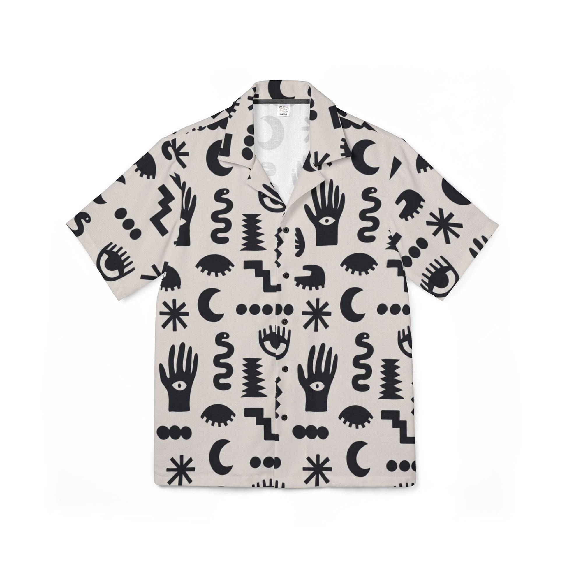 Short-sleeve shirt with black abstract patterns on a beige background