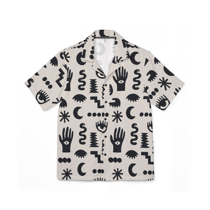 Short-sleeve shirt with black abstract patterns on a beige background