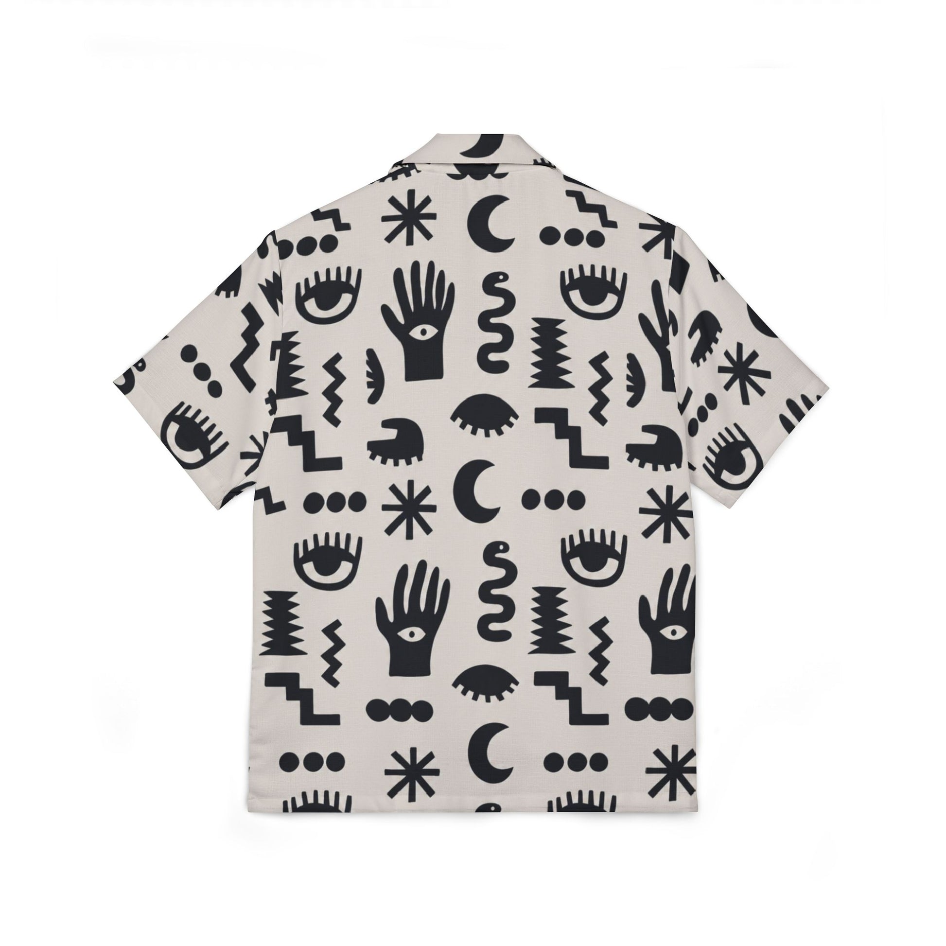 Short-sleeve shirt with black geometric pattern on a white background