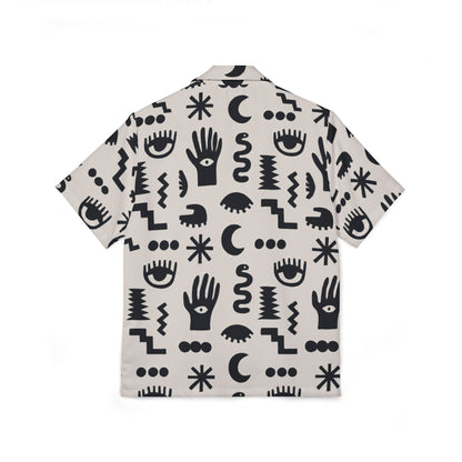 Short-sleeve shirt with black geometric pattern on a white background