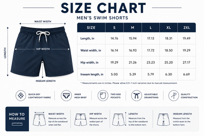 Size chart for men's swim shorts with measurements and how to measure instructions.