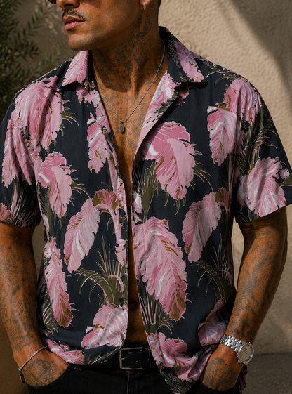 Pink Palm Leaf Hawaiian Camp Shirt — Tropical Floral AOP Button-Up