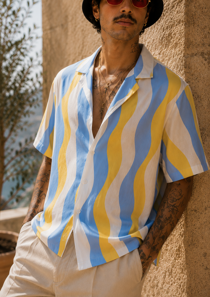 Men's Wave Pattern Hawaiian Shirt — Retro Blue & Yellow Camp Shirt