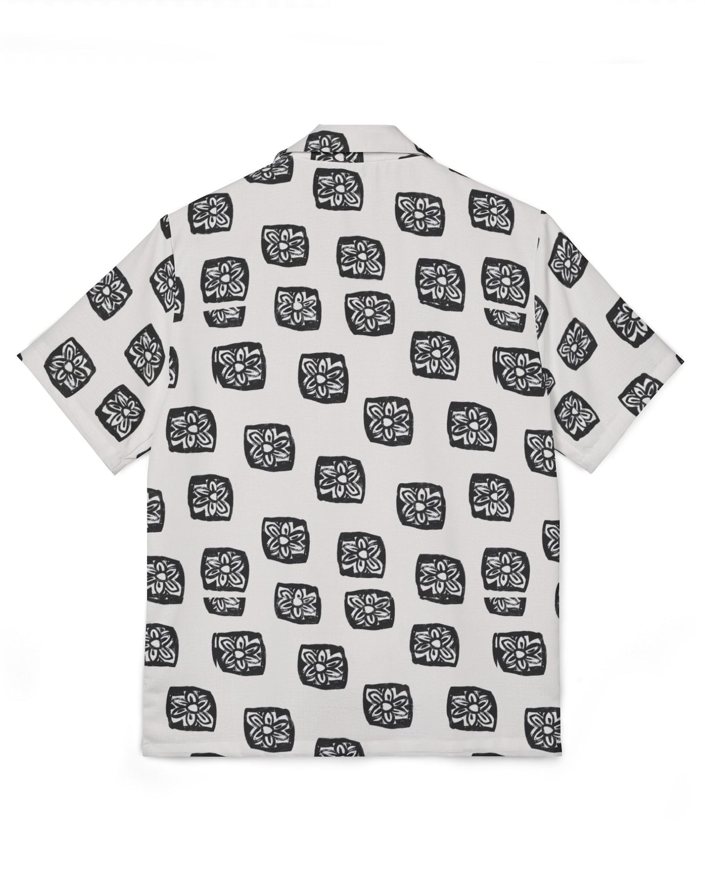 White shirt with black geometric pattern on a white background