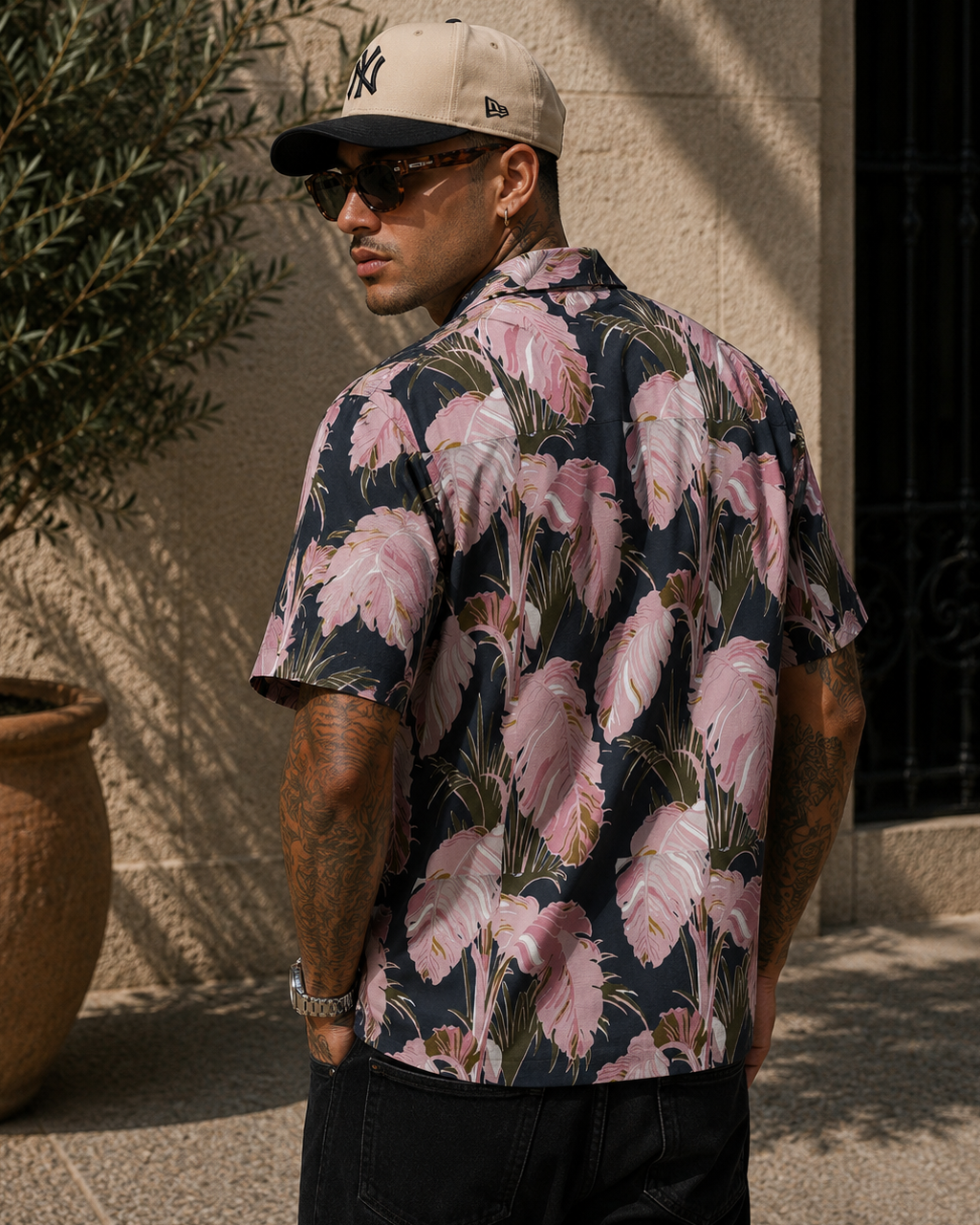 Pink Palm Leaf Hawaiian Camp Shirt — Tropical Floral AOP Button-Up