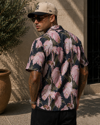 Pink Palm Leaf Hawaiian Camp Shirt — Tropical Floral AOP Button-Up