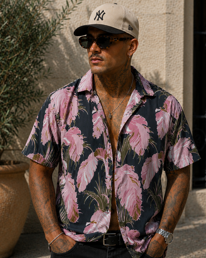 Pink Palm Leaf Hawaiian Camp Shirt — Tropical Floral AOP Button-Up
