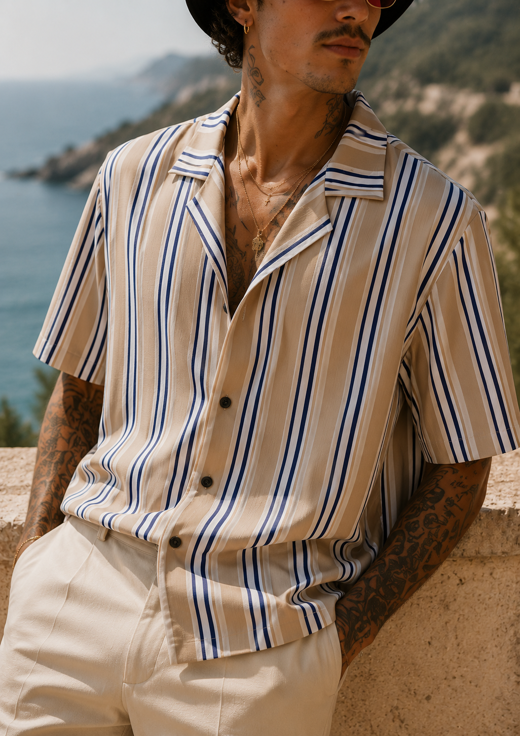 Men's Riviera Stripe Resort Shirt – Beige & Navy