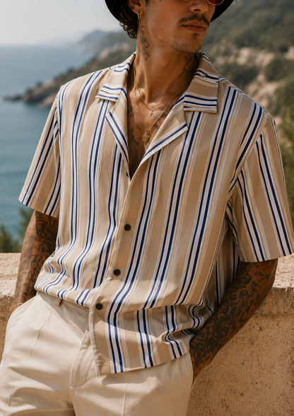 Men's Riviera Stripe Resort Shirt – Beige & Navy
