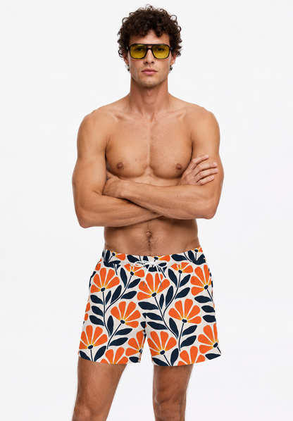 Men's Retro Floral Swim Shorts – Orange & Navy