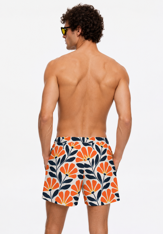 Men's Retro Floral Swim Shorts – Orange & Navy