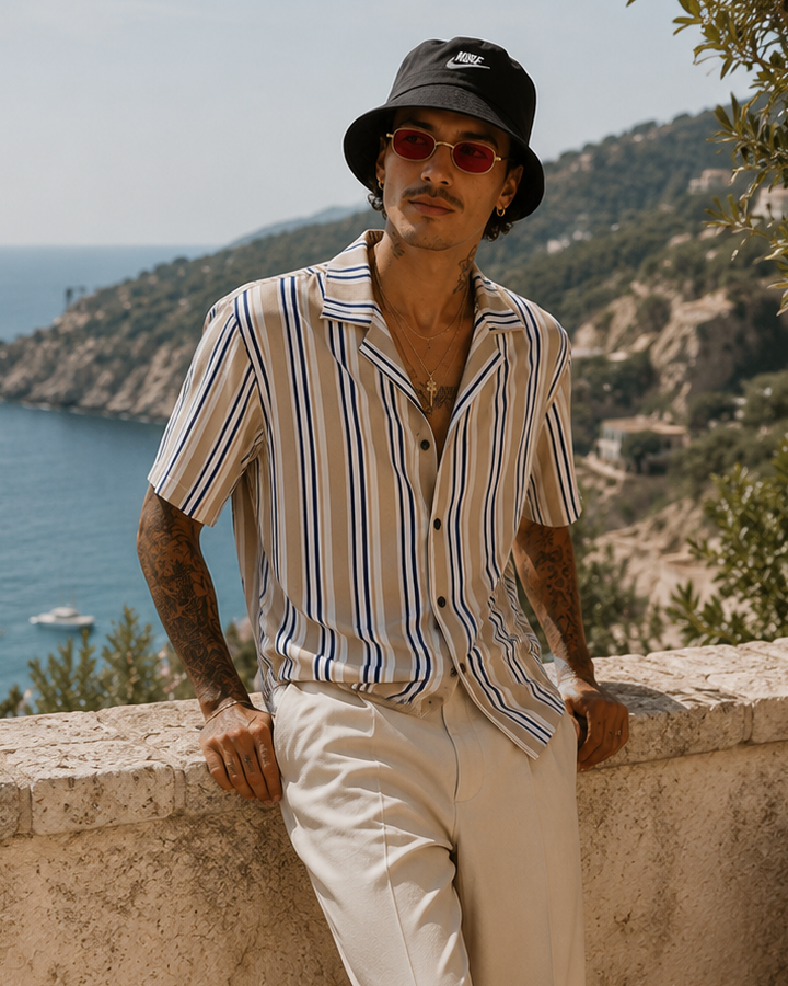 Men's Riviera Stripe Resort Shirt – Beige & Navy