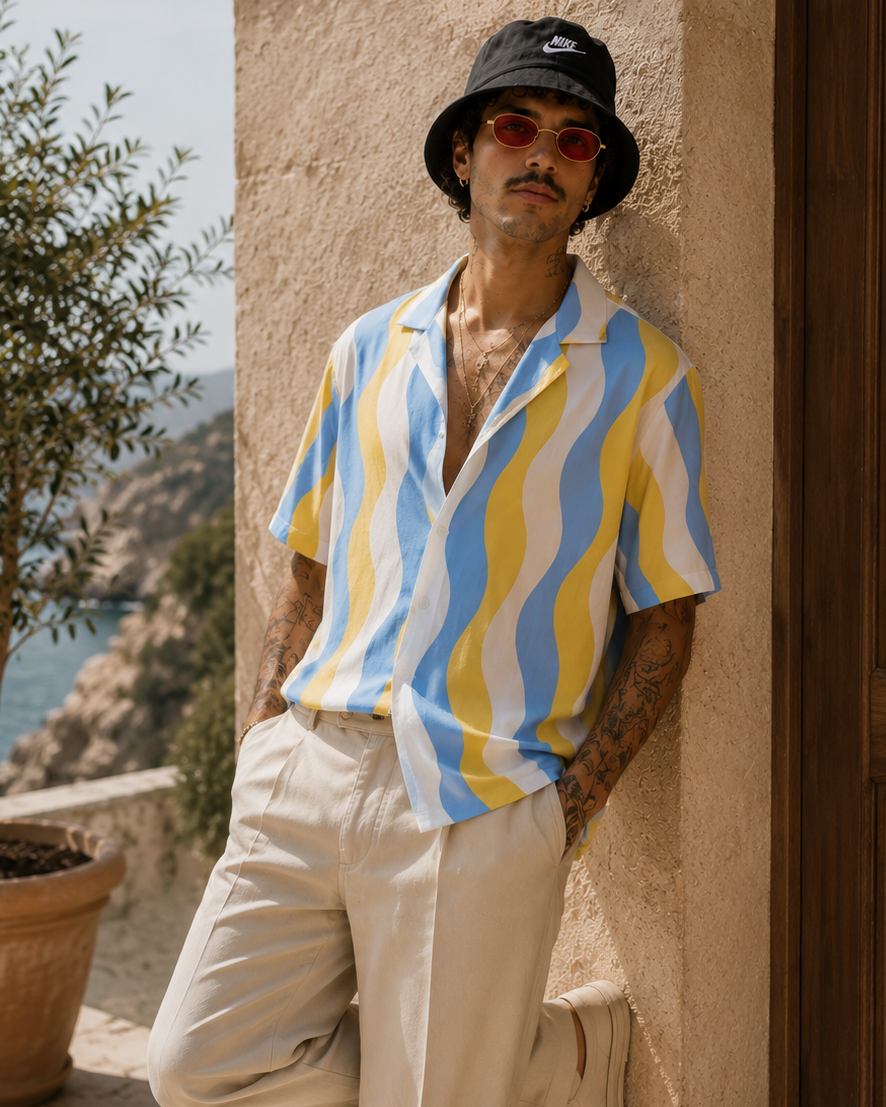 Men's Wave Pattern Hawaiian Shirt — Retro Blue & Yellow Camp Shirt