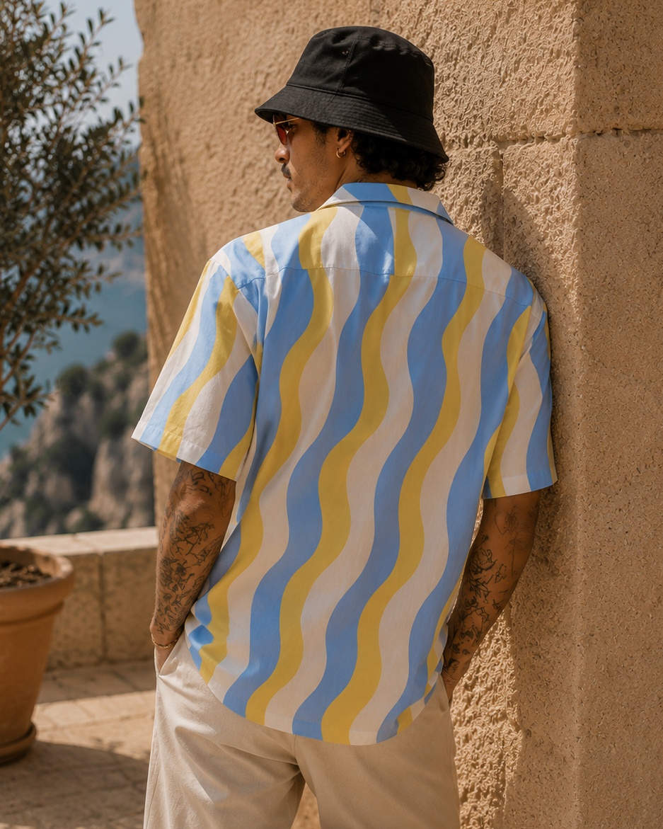 Men's Wave Pattern Hawaiian Shirt — Retro Blue & Yellow Camp Shirt