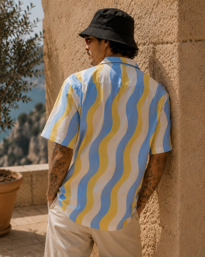 Men's Wave Pattern Hawaiian Shirt — Retro Blue & Yellow Camp Shirt